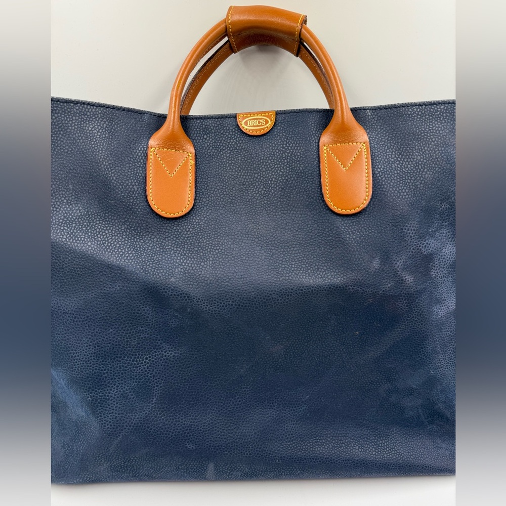 Bric’s Italy Leather Trim Blue Canvas Duffel Bag Weekender Travel Carry On - Picture 3 of 16